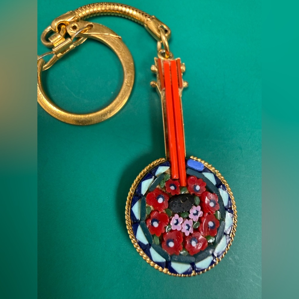 Vintage Micro Mosaic Floral Banjo Keychain - Red & Blue stamped Italy